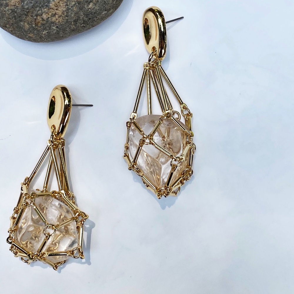 NEW Gold & Crystal Cage Drop Earrings - Picture 2 of 10